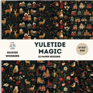 Può includere: Una collezione di 15 design di carta a tema festivo. I design presentano cervi, uccelli, case e angeli su uno sfondo scuro. È visibile anche il testo "Yuletide Magic" e "Seaside Whiskers". Ogni foglio misura 30,48 cm x 30,48 cm.