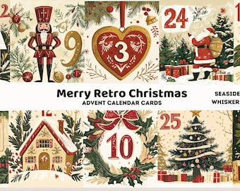 Merry Retro Christmas Advent Calendar Cards | Printable Countdown to Christmas | Vintage Holiday Decor | December Daily Cards Set
