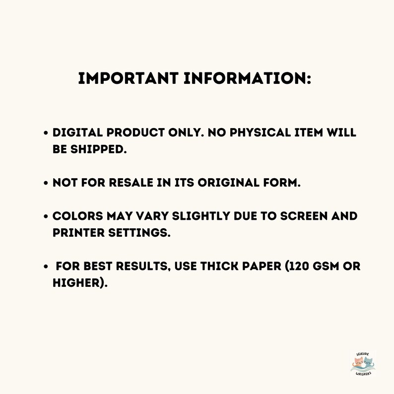 Pode incluir: Gr&aacute;fico creme com texto preto que diz "INFORMA&Ccedil;&Otilde;ES IMPORTANTES:" seguido de marcadores sobre o produto digital, revenda, varia&ccedil;&otilde;es de cores e recomenda&ccedil;&otilde;es de papel. Um pequeno logotipo est&aacute; no canto inferior direito.