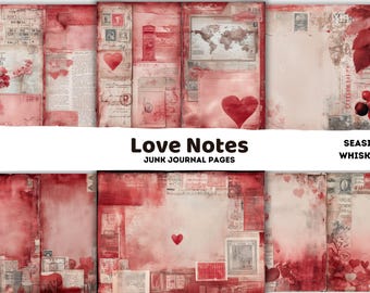 May include: A collection of vintage-style junk journal pages in shades of red and cream. The pages feature hearts, stamps, postcards, and handwritten text. The words "Love Notes" and "Seaside Whiskers" are visible.