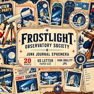 Frostlight Observatory Society Vintage Astronomy Junk Journal Kit, Winter Ephemera, Celestial Scrapbook Printable, 20 JPG Pages