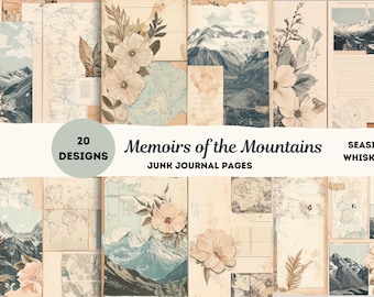 Memoirs of the Mountains Junk Journal Seiten - 20 Berg Reisetagebücher, Vintage Wandern Natur Ephemera, bedruckbares digitales Papier