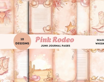 Páginas de diario basura de vaquera de rodeo rosa: papel digital del oeste, álbum de recortes de rodeo vintage, efímeras del oeste, kit de diario rústico de vaquero