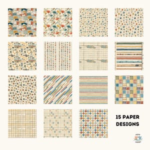Pode incluir: Uma cole&ccedil;&atilde;o de 15 designs de papel com v&aacute;rios padr&otilde;es. Os designs incluem motivos florais, geom&eacute;tricos e tem&aacute;ticos de viagens em uma paleta de cores suaves de bege, azul e laranja. O texto "15 PAPER DESIGNS" &eacute; exibido em preto.