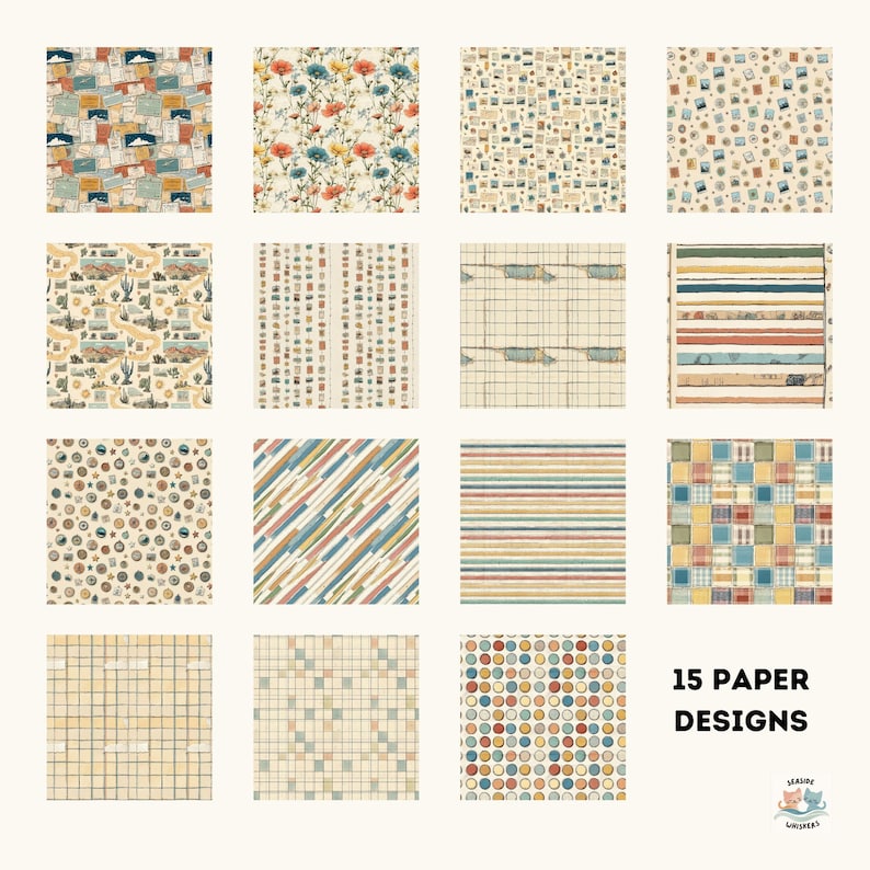Pode incluir: Uma cole&ccedil;&atilde;o de 15 designs de papel com v&aacute;rios padr&otilde;es. Os designs incluem motivos florais, geom&eacute;tricos e tem&aacute;ticos de viagens em uma paleta de cores suaves de bege, azul e laranja. O texto "15 PAPER DESIGNS" &eacute; exibido em preto.