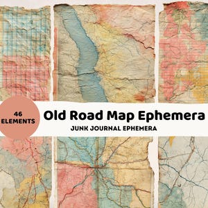 May include: A collection of vintage road map ephemera with a distressed, aged appearance. The maps feature faded colors of blue, pink, yellow, and beige, with visible grid lines and topographical details. The image includes text that reads "Old Road Map Ephemera" and "Junk Journal Ephemera".
