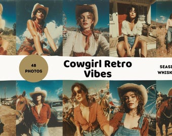Cowgirl Retro Vibes, 48 AI Vintage Western Aesthetic Photos, Junk Journal Kit, Retro Cowgirl Ephemera, Digital Collage Sheets
