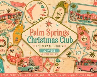 Palm Springs Christmas Club Ephemera Retro  Journal Kit, Mid Century Modern Printable, Tropical Christmas Junk Journal, Vintage Holiday Set