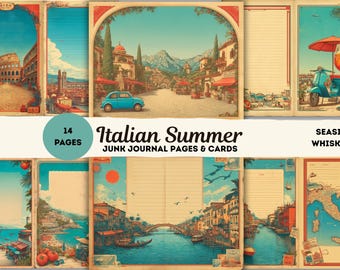 Italian Summer Junk Journal Pages - 14 Vintage Italy Printable Journal Cards & Papers, Mediterranean Travel Ephemera Kit, Retro Collage