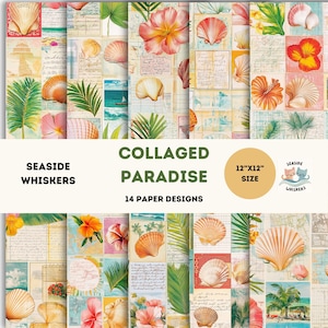 Collaged Paradise | Tropical Scrapbook Paper Pack | 12x12 Digital Paper | Vintage Beach Ephemera | Summer Junk Journal Printable