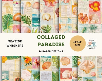 Paraíso Colado | Pacote de Papel para Scrapbook Tropical | Papel Digital 12x12 | Artigos de Praia Vintage | Diário de Junções de Verão para Imprimir