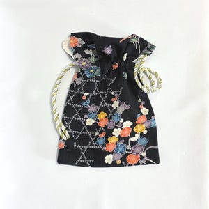 Floral Japanese Vintage Kimono Drawstring Black Pouch