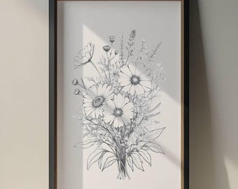 Minimalist Wildflower Bouquet | Black & White Line Art | Vector File (SVG, PNG, PDF) | Digital Download