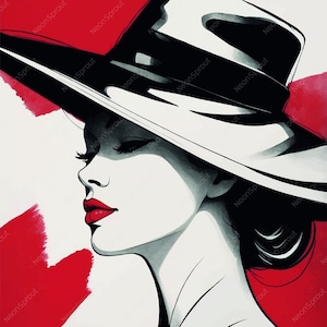 Peut inclure: Une illustration en noir et blanc d'une femme portant un chapeau blanc sur un fond rouge.