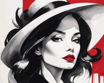 Elegant Woman Portrait: Red & Black Fashion Illustration (Digital Download)