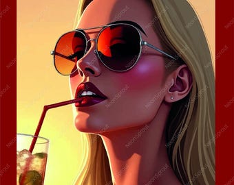 Fashion Illustration Art Print: Blonde Woman with Cocktail (Digital Download)