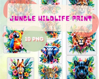 Tropical Watercolor Animal Sublimation 10 PNGs | Jungle Wildlife Print | Digital Download | Boho Safari Clipart