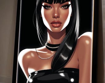 Dark Glamour Woman Portrait: Elegant Noir Fashion Illustration (Digital Art Print)