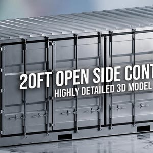 May include: A silver 20ft open side container 3D model featuring a corrugated metal exterior with vertical locking bars and hinges. The text 20FT OPEN SIDE CONTAINER HIGHLY DETAILED 3D MODEL is displayed in white capital letters across the center.
