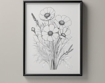 Minimalist Wildflower Bouquet | Black & White Line Art | Vector File (JPG, PNG, PDF) | Digital Download