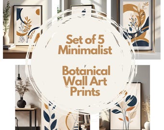 Minimalist Botanical Art Prints: Beige, Navy, Mustard - Set of 5 (Digital Download)