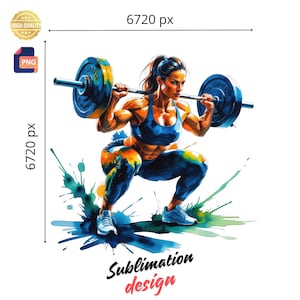 Pode incluir: Uma ilustração em aquarela de uma pessoa levantando pesos. A pessoa está vestindo um sutiã esportivo azul e shorts pretos. A pessoa está cercada por respingos de aquarela coloridos.