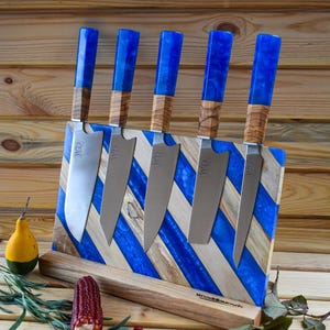 Handmade Personalized Chef Knife Set: Stainless Steel with Epoxy Olive Wood & Magnetic Holder