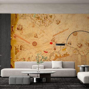 Osmanische Tapete, Piri Reis Map Tapete, alte Boho Tapete, historische Tapete zum Abziehen, nostalgische Zeichnung