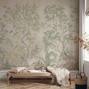 Elegante botanische Garten-Chinoiserie-Tapete, Blumentapete, romantisches Blumen-Wandbild, Schälen und aufkleben Tapete, Blütenzeichnung Tapete