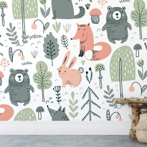 Carta da parati per bambini con disegni di animali della foresta da favola, poster da parete per bambini carino con orsetto e volpe in 3D, carta da parati carina per neonati, carta da parati per bambini