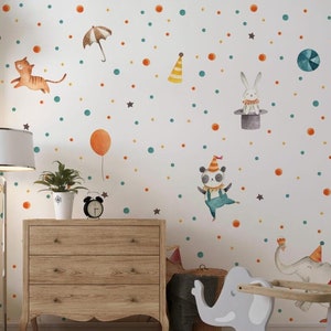 Circus Animals Patterned Wallpaper For Kidsroom, Cute Party Animals Wallpaper Nursery, Childrens Wallpaper, Peel and Stick Baby Wallpaper