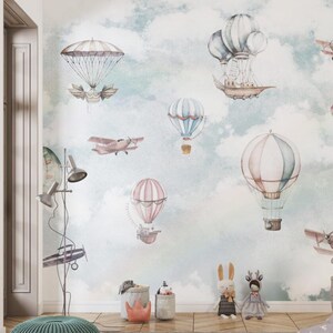 Palloncini che volano nel cielo Carta da parati per la cameretta dei bambini, Carta da parati con simpatici animali per la cameretta dei bambini, Carta da parati morbida per bambini, Carta da parati per neonati staccabile e appiccicabile