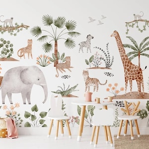 Cute Safari Animals Kids Wallpaper, Elephant Giraffe Zebra Tiger Wallpaper for Kidsroom, Child Wallpaper, Tropical Jungle Wallpaper Nursery
