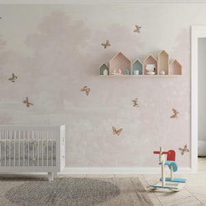 Rosa Wald und Schmetterlinge Baby-Tapete, Himmel-Wand-Poster, zart rosa Hintergrund Babyzimmer Tapete, Illustration Tapete Kinderzimmer