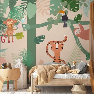 Carta da parati con animali della giungla tropicale per bambini, carta da parati con alberi e piante illustrati per bambini, carta da parati con bambini della foresta, carta da parati con bambini della giungla divertenti