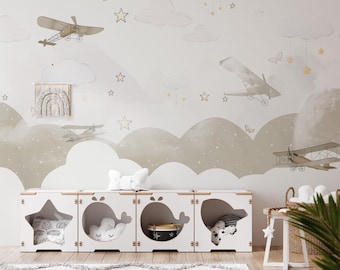 Carta da parati per bambini con aeroplani e nuvole, carta da parati beige per cameretta dei bambini