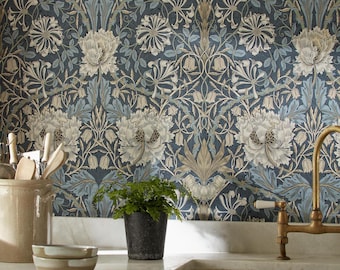Papel de parede floral índigo William Morris, mural de parede romântico vintage, autoadesivo