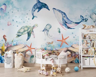 Whale Octopus Nursery Wallpaper, Underwater Sea Peel and Stick