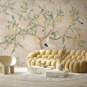 Carta da parati con uccelli gru e alberi primaverili, murale staccabile e attaccabile, decorazione murale floreale, carta da parati con fiori di mimosa, carta da parati vintage