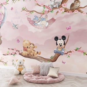 Carta da parati Minnie Mouse e Winnie The Pooh per la cameretta dei bambini, carta da parati con simpatici animali per la cameretta dei bambini, carta da parati per bambini, carta da parati rosa per bambine