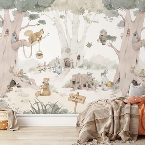 Carta da parati personalizzata Forest Village per la cameretta dei bambini, carta da parati con simpatici animali per la cameretta dei bambini, carta da parati con la natura per bambini, carta da parati per neonati con adesivi e sbucciature