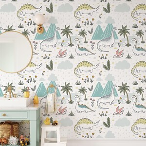 Desenhos de dinossauros com flores Papel de parede infantil, Desenho de dinossauro fofo 3D Pôster de parede, Papel de parede infantil, Papel de parede de esboço de bebê, Papel de parede de berçário