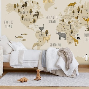 Tierweltkarte Kinder Tapete, Kinder Tapete, Schälen und Aufkleben Tapete Kinderzimmer, Baby Wandbild, Beige Farben Tapete
