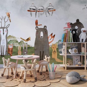 Carta da parati con simpatici animali con effetto acquerello, carta da parati con orsi per la cameretta dei bambini, carta da parati con la natura per bambini, carta da parati staccabile e adesiva, carta da parati per neonati