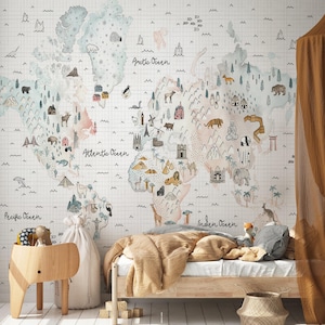 Carta da parati con simboli geografici e animali della mappa del mondo per la cameretta dei bambini, carta da parati per bambini, carta da parati murale staccabile e attaccabile per la cameretta dei bambini, carta da parati carina per neonati