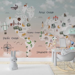 Himmel gemusterte Kinderkarte mit Tiere Wallpaper für Kinderzimmer, Kinder-Tapete, Tapete zum Abziehen und Aufkleben Kinderzimmer, Baby-Wandbild