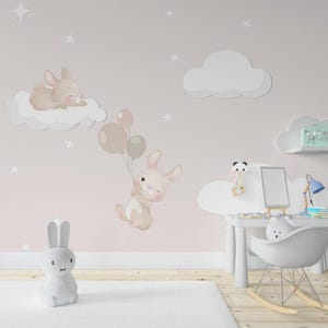 Conigli che volano con palloncini nel cielo rosa, carta da parati con animali carini per la cameretta dei bambini, carta da parati per bambini, carta da parati rosa per bambine