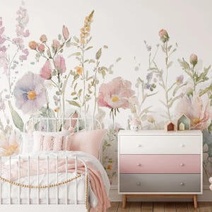 Carta da parati per bambine con fiori primaverili misti ad acquerello, carta da parati per bambini con giardino fiorito, carta da parati artistica per bambini, carta da parati floreale ad acquerello