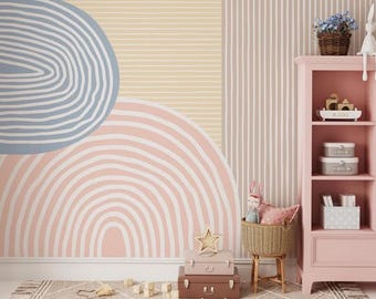 Tapete mit Regenbogenstreifen, sanfte Farben fürs Kinderzimmer