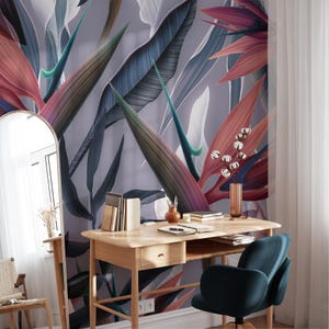 Dark Themed Bird of Paradise Flower Tropical Wallpaper, Abstract Botanical Wall Poster, Elegant Plants Wallpaper, Illustration Wallpaper